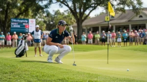 Tournament competitor lining up a delicate pitch shot with tour-level golf wedges.