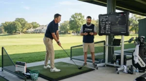 Club fitter analyzing launch monitor data for a golfer testing tour-level golf wedges.