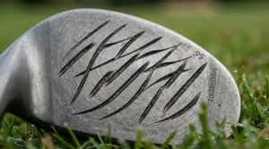 Detailed view of precision spin milling grooves on the face of tour-level golf wedges.