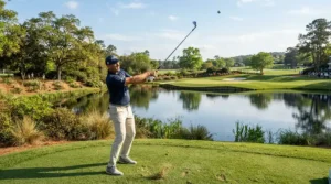 Executing a high-loft flop shot over a hazard using tour-level golf wedges.