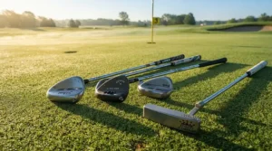Close-up of tour-level golf wedges resting on a pristine practice green under bright morning sunlight.