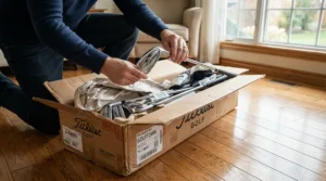 The exciting moment of unboxing a brand new custom-ordered premium golf iron set in a home study.